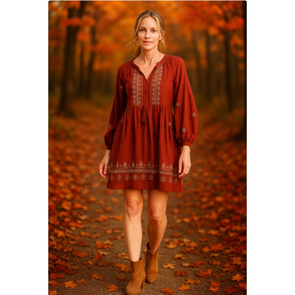 Knox Rose Rust Red Embroidered Midi Dress